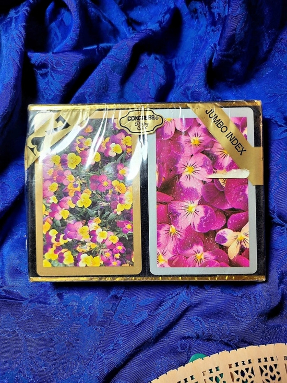 Congress Playing Cards Double Deck Pansies Floral Jumbo Index Purple & Yellow